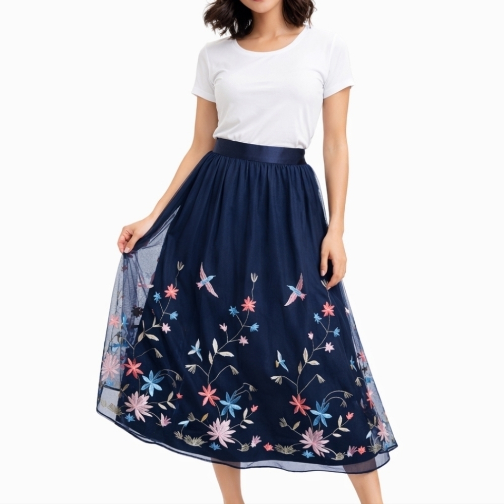 Reserved Embroidered Tulle Midi Skirt Navy Blue Bird Floral S